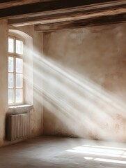 Poster - Light Streaming Through Window in Old Interior Creating Dramatic Effect and Warm Atmosphere