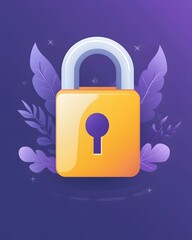 Poster - Modern Security Concept with Padlock and Foliage on Gradient Purple Background Illustration