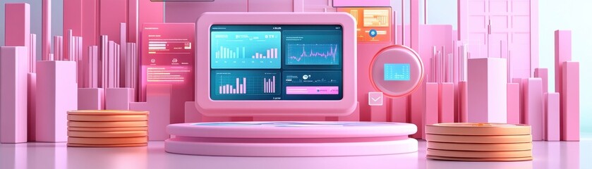 Poster - A pink-themed digital workspace featuring a computer displaying analytics, surrounded by cylindrical structures and coins.