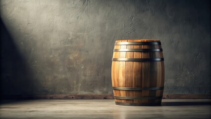 Aufkleber - A sturdy wooden barrel rests against a textured wall in a dimly lit room