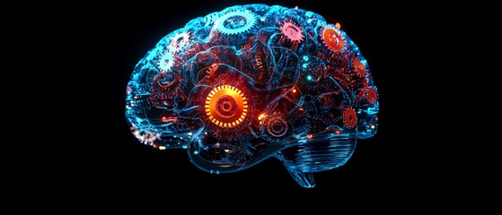 Poster - Vibrant brainshaped design with interlocking gears and prominent AI text, dark background, artificial intelligence concept, 3D rendering