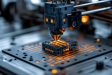 Poster - 3D printer working on circuit board in a modern manufacturing facility.  Possible use Industrial technology, advanced manufacturing