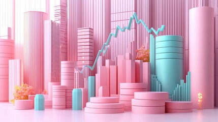Poster - A vibrant, stylized illustration of financial growth, featuring pastel-colored bar graphs, cylindrical shapes, and an upward trend in a modern, abstract design.