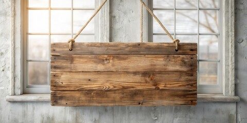 Poster - Rustic Wooden Sign Hanging from Rope in Front of Window