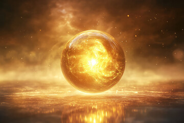 spinning orb in gold, emitting a soft glow as it rotates, adding a sense of mystical energy to the scene.