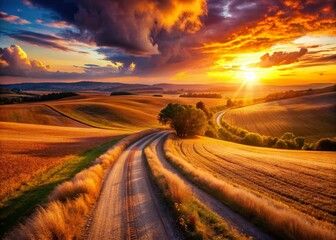 Wall Mural - Panoramic View of a Country Field Road at Sunset