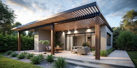 Poster - Modern Home Exterior with Wooden Pergola and Patio