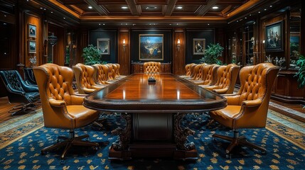 Canvas Print - Luxurious boardroom, rich wood, leather chairs.