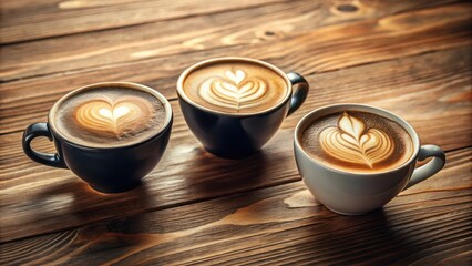 Poster - Three cups of cappuccino with latte art on wooden surface