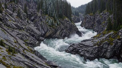 Aufkleber - Rushing river flows through rugged canyon surrounded by towering evergreen trees