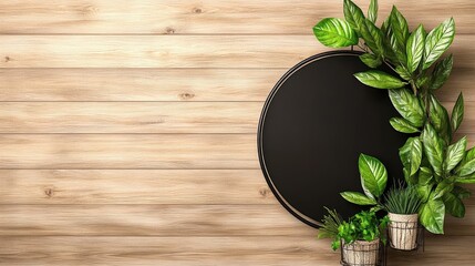 Poster - Circular black empty mockup mirror with a plant on a wooden wall background close up view