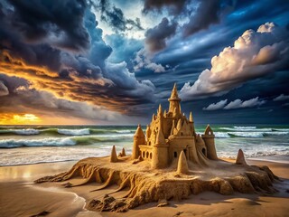 Wall Mural - Panoramic View of Crumbling Sandcastle Under Cloudy Sky - Dramatic Beach Scene