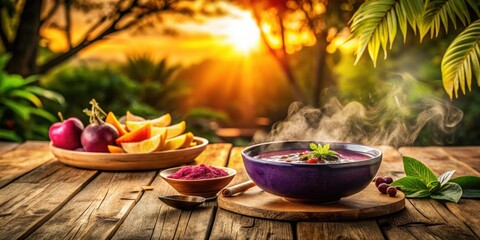Poster - Warm, steaming bowl of vibrant purple soup with fresh fruit and powder on rustic wooden table at sunset