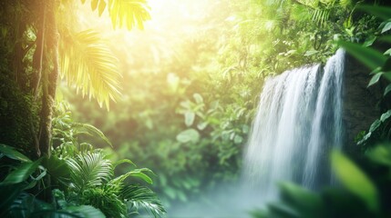 Poster - Waterfall cascading amidst lush greenery in a tropical rainforest during golden hour. Generative AI