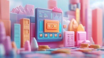 Poster - A colorful digital cityscape featuring a prominent screen displaying financial data, surrounded by playful, stylized buildings and coins.