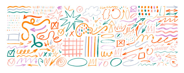 Aufkleber - Colorful brush and crayon drawn doodle shapes, scribbles and squiggles. Funky pencil arrows, stars.