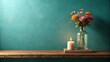 © InspireStock Gallery - Serene Still Life with Burning Candle and Colorful Flowers in Glass Vase on Wooden Shelf Against Teal Wall