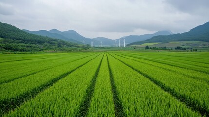 Poster - Lush Green Rice Field with Wind Turbines in the Distance Under Clouds