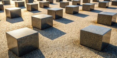 Aufkleber - A grid of granite cubes bathed in sunlight casts shadows on a textured surface
