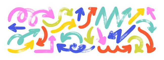 Poster - Brush drawn funky bold arrows collection. Colorful thick curved, straight and zigzag arrows. Vector doodle punk elements, grunge street art icons, urban style various direction symbols.