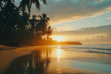 Poster - Sunset over a serene beach with palm trees reflecting golden light on calm waves. Generative AI