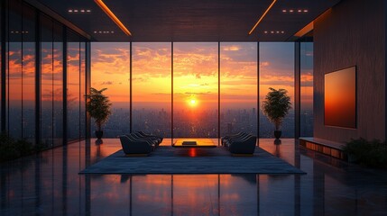 Wall Mural - Sunset cityscape view from luxurious penthouse lounge