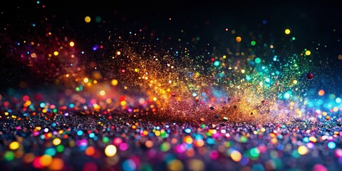 Poster - Abstract Colorful Glitter and Smoke in Low Light, Black Background Stock Photo