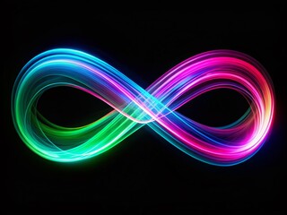 Wall Mural - Abstract Colorful Light Waves: Green, Pink, Blue, Purple Infinity Symbol on Black Background