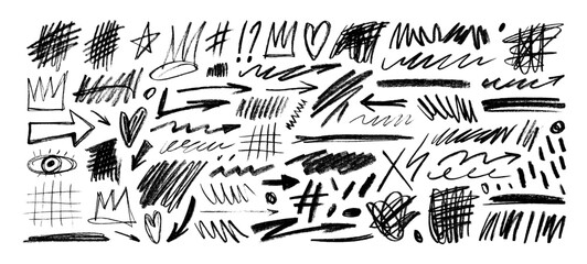 Aufkleber - Funky black crayon drawn squiggles, scribbles and doodle shapes. Hand drawn vector childish elements.