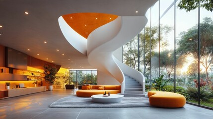 Wall Mural - Modern lobby with spiral staircase, orange seating, and nature views.