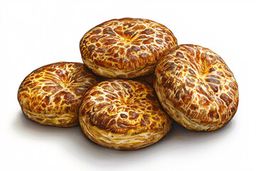 Wall Mural - Stack of four golden brown, round baked goods with unique cracked glaze pattern, on a white surface.