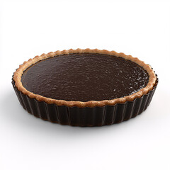 Wall Mural - A whole chocolate tart with a decorative crust, presented in a fluted tin on a white background.