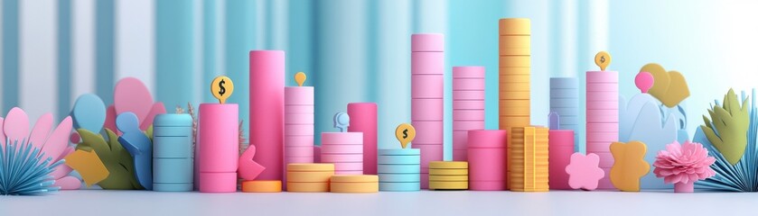 Poster - Colorful geometric shapes and patterns create a playful, vibrant display, featuring pastel pinks, yellows, and blues against a solid backdrop.