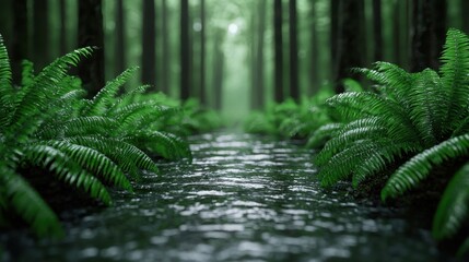 Wall Mural - Lush Green Forest with Stream Surrounded by Ferns and Trees