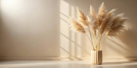 Aufkleber - Serene Pampas Grass Arrangement in a Neutral Vase Against a Soft Beige Wall with Sunlight Streaming Through a Window