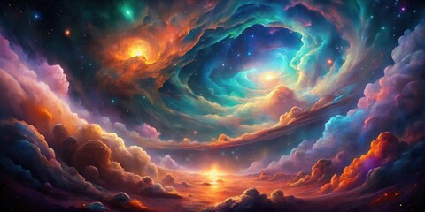 Wall Mural - celestial cloudscape a vivid dreamscape of swirling nebulae and vibrant sunset hues across a fantast