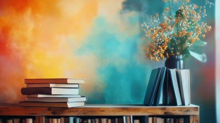 Poster - Rustic wooden shelf with a stack of books and decorative flowers in a cozy reading nook. Generative AI