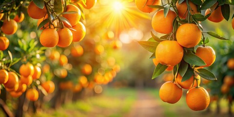 Aufkleber - Golden Hour in an Orange Grove Ripe Citrus Fruits Hanging on Branches, Bathed in Warm Sunlight