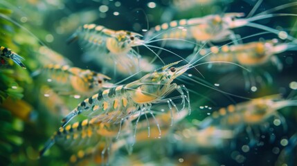 Aufkleber - A group of colorful shrimps swims gracefully in a well maintained aquarium, surrounded by lush green aquatic plants, reflecting natural light.