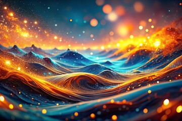 Poster - Abstract Glowing Ocean Waves: Blue Orange Sparkling Particle Landscape