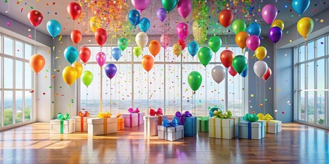 Aufkleber - A festive room filled with colorful balloons and presents, celebrating a joyous occasion