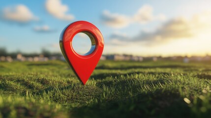 Bright red location pin on sunny grass field, symbolizing navigation and positioning