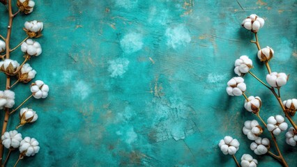 Poster - Elegant Cotton Branches on a Teal Textured Background