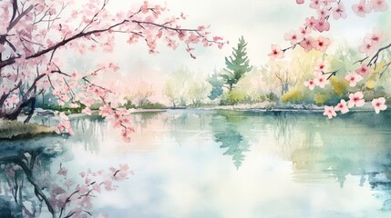 Poster - Serene spring landscape with cherry blossoms and calm water reflection in a tranquil setting. Generative AI