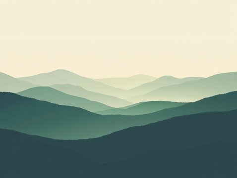 Hazy Emerald Green Mountain Range Rolling Hills Layered Topography Calm Serene Minimalist