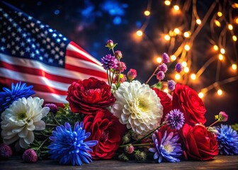 Wall Mural - Patriotically colored floral texture, celebrating Independence Day with red, white, and blue blossoms.