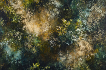 Wall Mural - abstract aerial view of a forest canopy, with deep greens, soft light brown, and glimpses of clear w