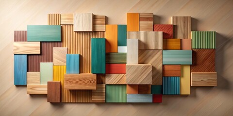 Aufkleber - Abstract Wooden Block Arrangement  A Colorful Geometric Composition of Stained and Natural Wood