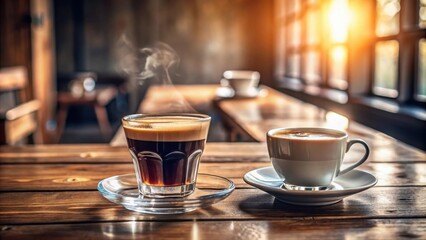 Poster - Two steaming cups of coffee on a wooden table, bathed in warm sunlight filtering through a window