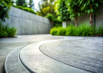 Poster - Abstract Grey & White Concrete Garden Walkway, Tilt-Shift Photography, Polished Curved Circle, Stamped Concrete Texture